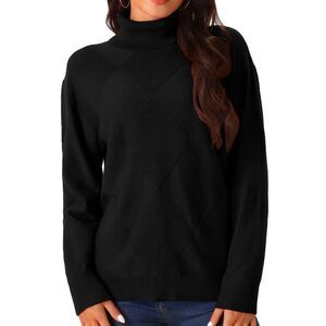 Turtleneck Long Sleeve Knitted Pullover Fall Winter Basic Jumper Top Black